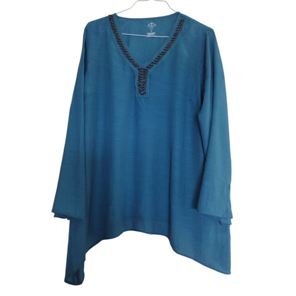 St. John's Bay Tunic‎ Woman 1X Blue Beaded Embellishment Sheer Cruise Beach